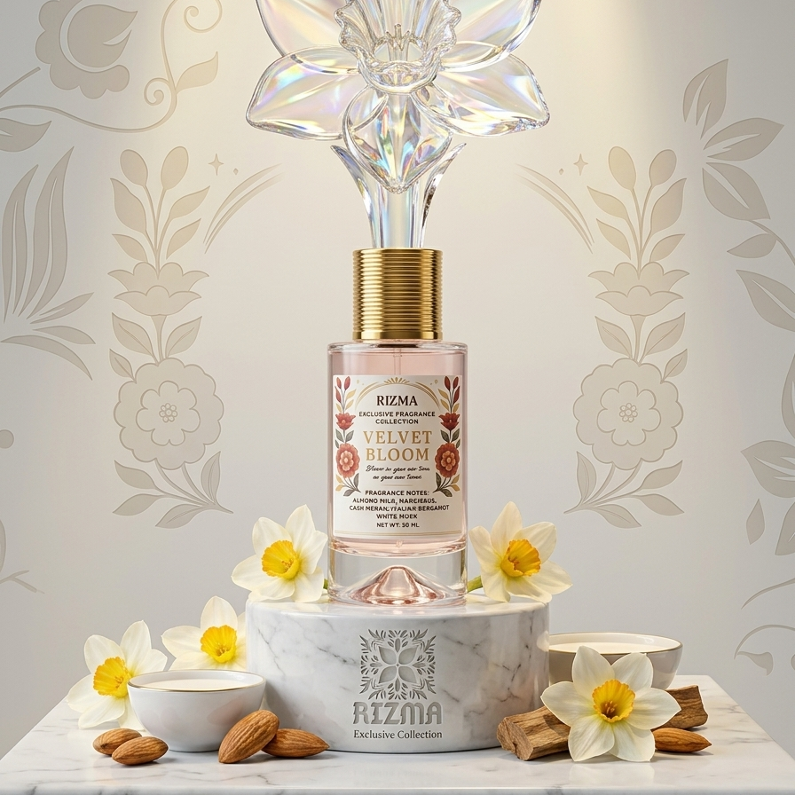 Rizma perfume bottle with decorative flower-shaped cap on a marble surface with floral decorations.