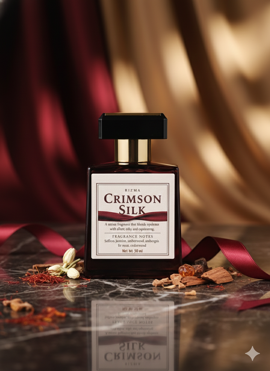 Perfume bottle labeled 'Crimson Silk' with saffron and other ingredients on a reflective surface.