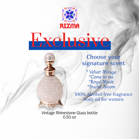 RIZMA Exclusive Fragrance oils- your choice of fragrance in a Vintage Rhinestone Glass Bottle | Choose your Signature Scent