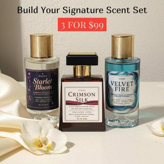 Three perfume bottles with labels 'Starlet Bloom', 'Crimson Silk', and 'Velvet Fire' on a light background.