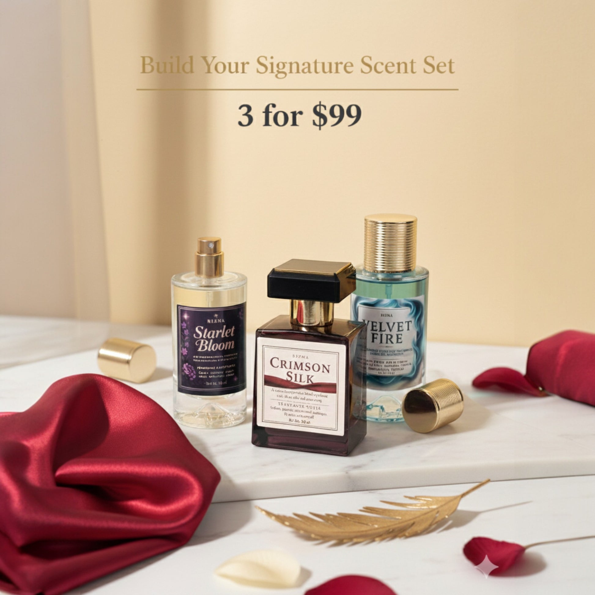 Perfume bottles with a promotional offer on a decorative surface with red fabric and feathers.